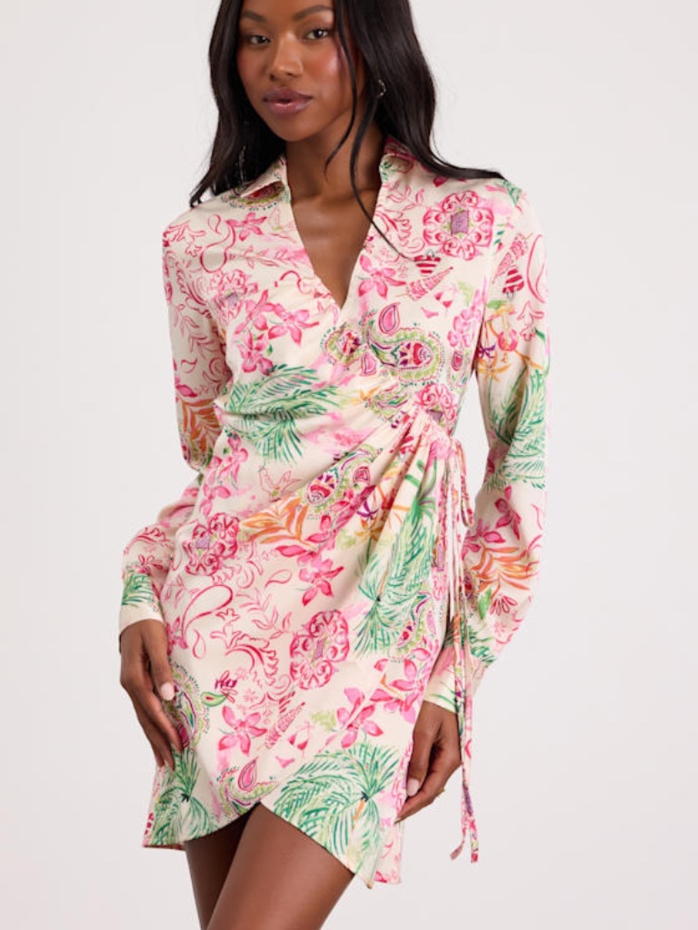 Lulus Darine Ivory Multi Boho Print Wrap Mini Dress White - Size L